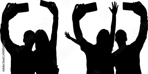 People Taking Selfies and Filming with Smartphones Silhouette, Concert Fans Flat Vector Art