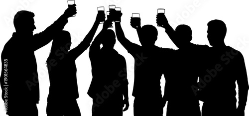 People Toasting Silhouette Set, Friends Raising Glasses at Party Flat Vector Illustration