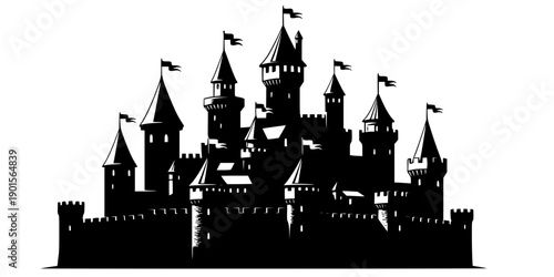 Black silhouette of a medieval castle with towers and flags on a isolated on white background
