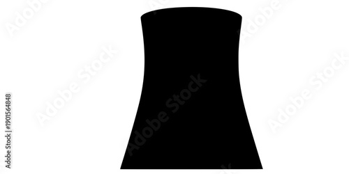 Black silhouette of an industrial cooling tower or nuclear power plant chimney symbol, minimalist graphic design element isolated on white background
