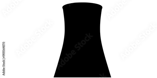 Black silhouette of an industrial cooling tower or nuclear power plant chimney symbol, minimalist graphic design element isolated on white background
