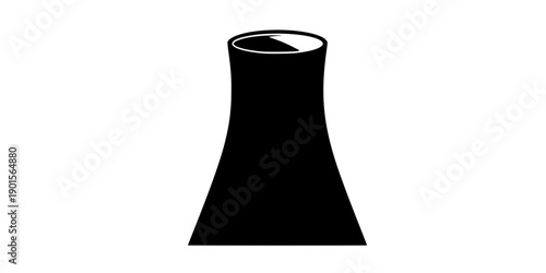 Black silhouette of an industrial cooling tower or nuclear power plant chimney symbol, minimalist graphic design element isolated on white background
