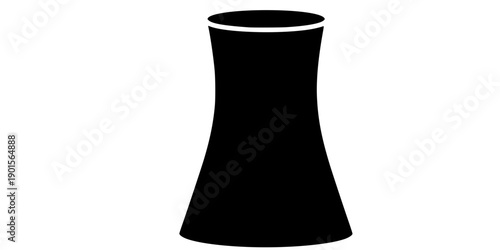 Black silhouette of an industrial cooling tower or nuclear power plant chimney symbol, minimalist graphic design element isolated on white background
