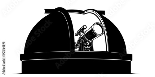Black silhouette graphic of an astronomical observatory building with a large telescope isolated on white background
