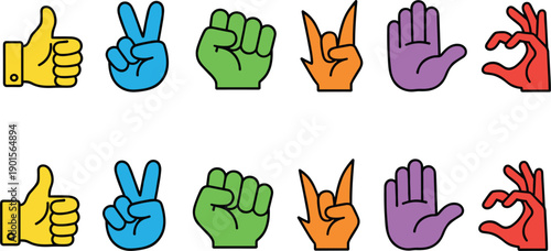 Colorful hand gestures vector illustration set including thumbs up peace sign fist rock on open palm and okay sign isolated.