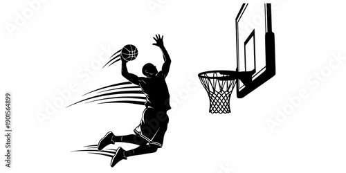 Silhouette of basketball player dunking ball into hoop with motion lines Vector isolated on white background
