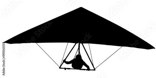 Black silhouette of a person hang gliding against a isolated on white background
