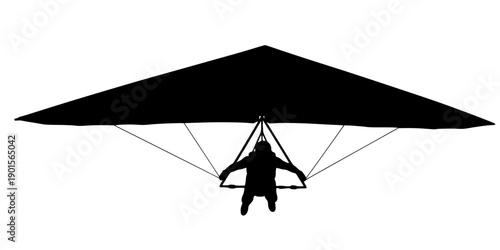 Black silhouette of a person hang gliding against a isolated on white background
