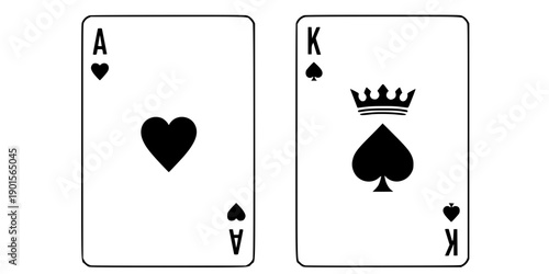 Minimalist flat vector playing card with Ace of hearts and King of spades isolated on white background
