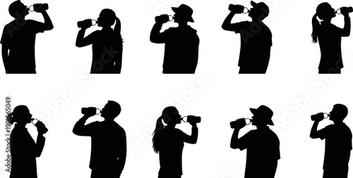 Silhouette of People Drinking Water from Bottles for Hydration and Healthy Lifestyle Flat Vector