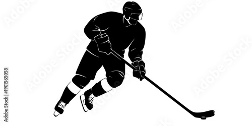 Ice hockey player silhouette skating with hockey stick Vector illustration isolated on white background
