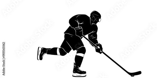 Ice hockey player silhouette skating with hockey stick Vector illustration isolated on white background
