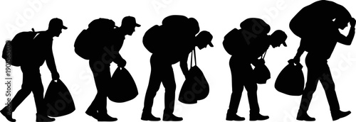 Silhouettes of People Carrying Heavy Boxes and Luggage, Teamwork and Travel Flat Vector Illustration