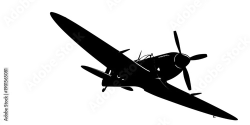 Detailed black silhouette of a vintage WWII Spitfire fighter plane banking in flight, military aviation concept, flat vector illustration, isolated on white background