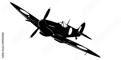 Detailed black silhouette of a vintage WWII Spitfire fighter plane banking in flight, military aviation concept, flat vector illustration, isolated on white background