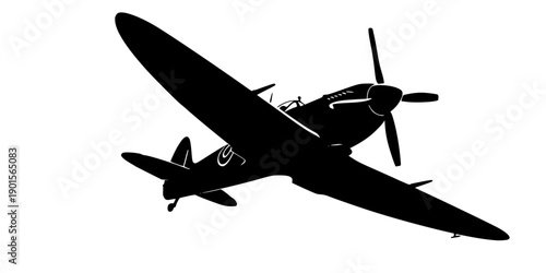 Detailed black silhouette of a vintage WWII Spitfire fighter plane banking in flight, military aviation concept, flat vector illustration, isolated on white background