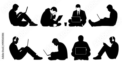 Diverse black silhouette figures of men sitting comfortably, focused on working or studying using laptops and digital, isolated on white background
