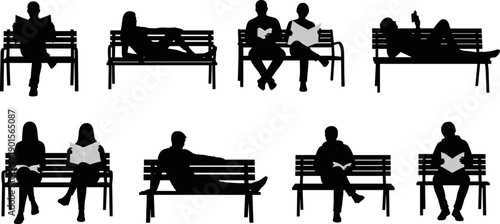 Silhouettes of People Sitting and Reading on Park Benches Outdoor Relaxation Flat Vector