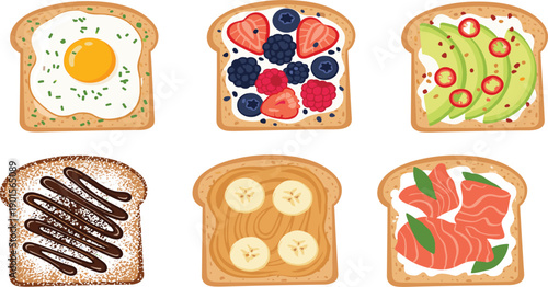 Healthy breakfast toast set with avocado, egg, berries, salmon and banana toppings, flat vector illustration for food menu.