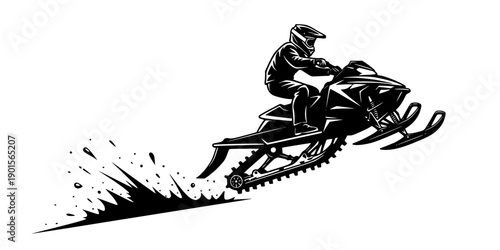 Black silhouette of extreme snowmobile rider wearing full helmet performing high jump with snow spray, dynamic action vector art, sticker design, isolated on white background