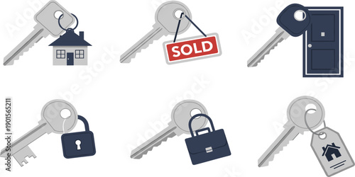 Real estate house keys set with sold sign, door, padlock and briefcase icons, flat vector illustration for property business.