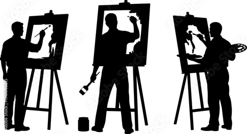 Artist Silhouette Set Painting on Canvas, Men at Easels Flat Vector Illustration Isolated