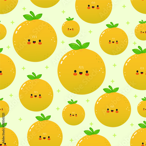 Cute grapefruit characters creating seamless kawaii pattern