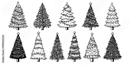 Collection of various handdrawn christmas trees on a white background
