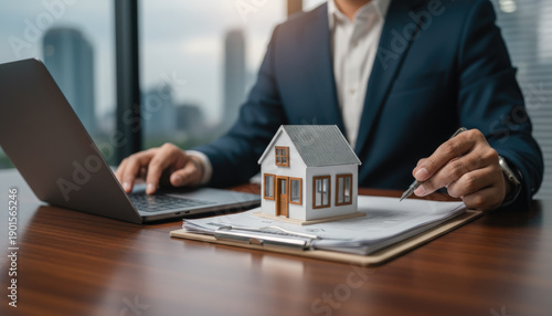 Wallpaper Mural Real Estate Agent Completing Home Purchase Contract & House Model Torontodigital.ca