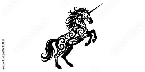 Black heraldic unicorn silhouette with ornate swirling tribal patterns and sharp horn, rearing pose, mythical creature vector art, logo design, isolated on white background 