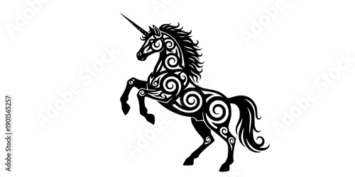 Black heraldic unicorn silhouette with ornate swirling tribal patterns and sharp horn, rearing pose, mythical creature vector art, logo design, isolated on white background 