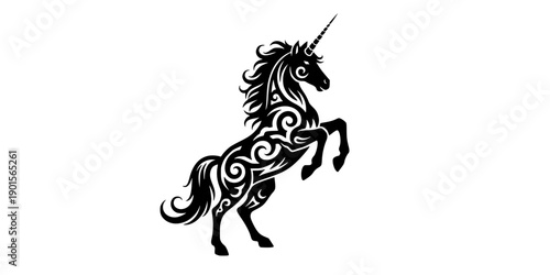 Black heraldic unicorn silhouette with ornate swirling tribal patterns and sharp horn, rearing pose, mythical creature vector art, logo design, isolated on white background 