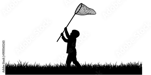A silhouette of a child standing in a grassy field, holding a butterfly net raised high above their head, as if ready to catch something
