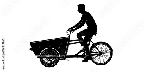 Silhouette of man riding a long john cargo bicycle with large front box for delivery or family transport, clean vector art, isolated on white background