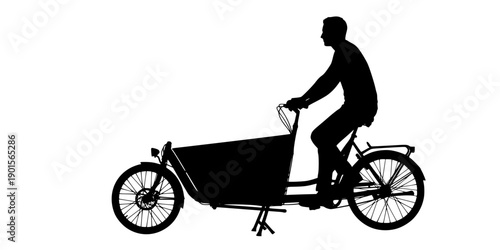 Silhouette of man riding a long john cargo bicycle with large front box for delivery or family transport, clean vector art, isolated on white background