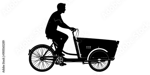 Silhouette of man riding a long john cargo bicycle with large front box for delivery or family transport, clean vector art, isolated on white background