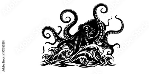 Giant octopus silhouette rising from stormy ocean waves with curling tentacles, black and white vector art, logo design, isolated on white background
