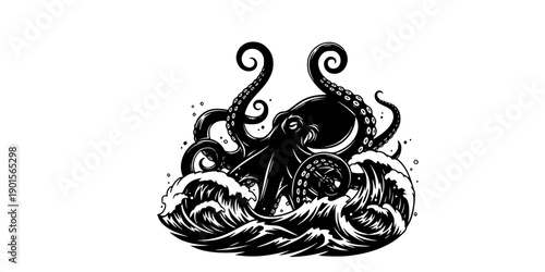 Giant octopus silhouette rising from stormy ocean waves with curling tentacles, black and white vector art, logo design, isolated on white background
