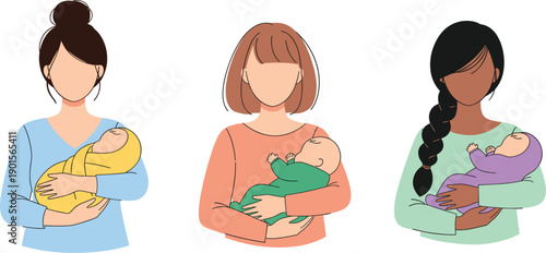 Set of diverse mothers holding newborn babies in arms, flat vector illustration of motherhood and childcare on white background.