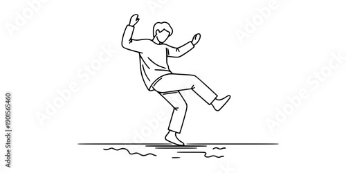Person losing balance and falling on slippery surface in minimalist line drawing style illustration

