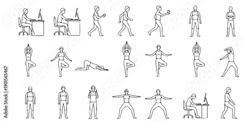 Collection of minimalist human posture illustrations showing daily activities, yoga poses, and ergonomic movements in black and white line drawing
