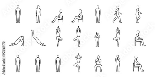 Collection of minimalist human posture illustrations showing daily activities, yoga poses, and ergonomic movements in black and white line drawing
