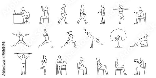 Collection of minimalist human posture illustrations showing daily activities, yoga poses, and ergonomic movements in black and white line drawing
