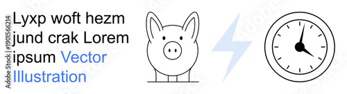 Financial planning, energy consumption, saving time, budgeting, energy efficiency, money management. Minimalist design with piggy bank, clock and lightning bolt. Financial planning and energy