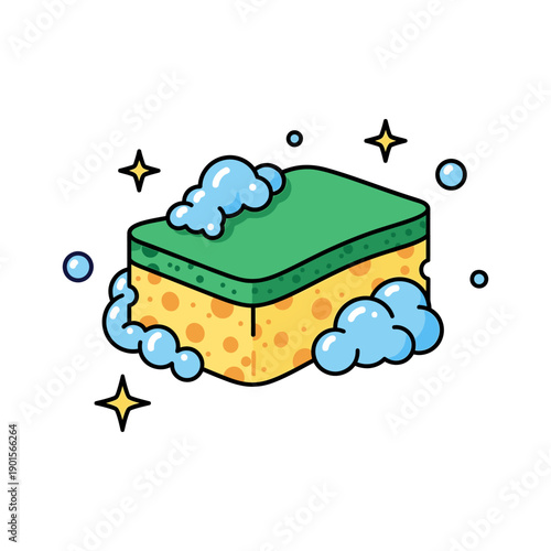 Colorful cartoon sponge with soap suds and stars.