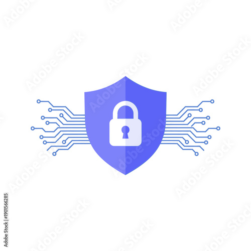 Cyber Security Shield with Lock and Circuit Board Elements.