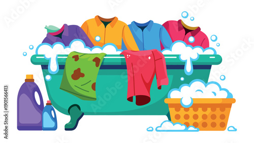 A colorful illustration of a bathtub filled with laundry and soap bubbles, surrounded by cleaning supplies.