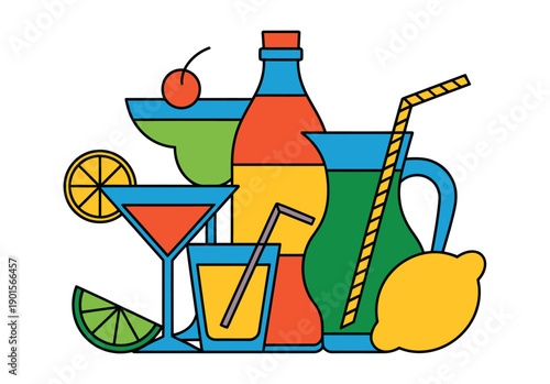 A colorful illustration of various cocktails and drinks with fruits and glasses