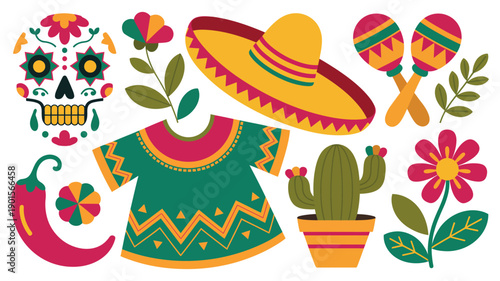 A colorful illustration of Mexican cultural symbols and festive elements.