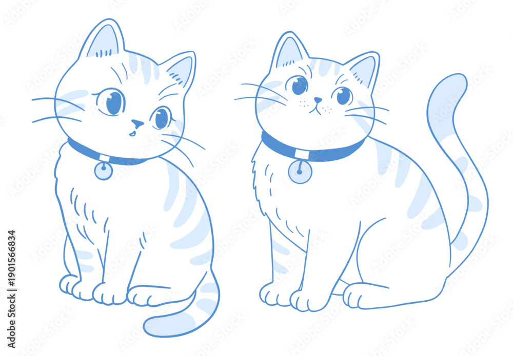 Fototapeta premium Cute cat doodle set with sitting kitten characters featuring hand drawn pet animal line art decoration